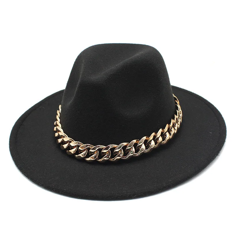 Jazz hat autumn and winter British style big chain women\'s fedora hat men\'s retro top hat woolen gentleman hat big brim hat