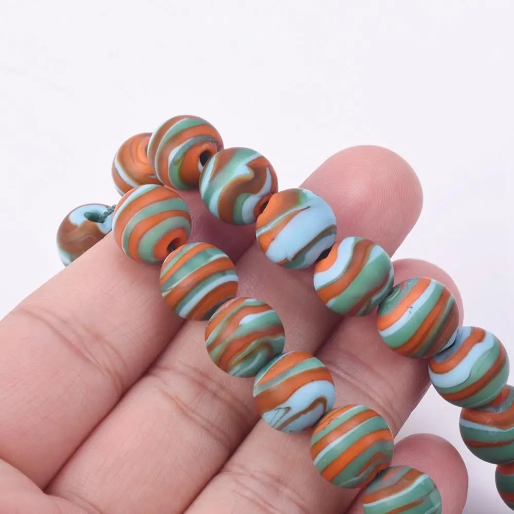 10pcs Round 12mm Strips Matte Handmade Opaque Lampwork Glass Loose Beads for Jewelry Making DIY Crafts Findings