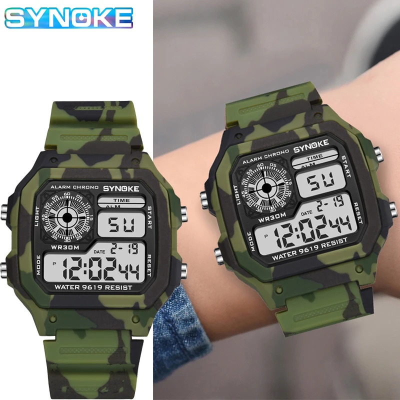 SYNOKE-relojes digitales deportivos para niños, pulsera de camuflaje militar, multifunción, 7 colores, luminosos, resistentes al agua