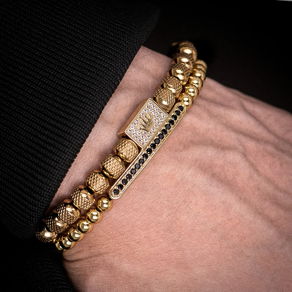 

2pcs/set Charm Bracelet Men Stainless Steel Bracelet Beads Gold Color Bracelet For Men Cz Zircon Crown Bracelet