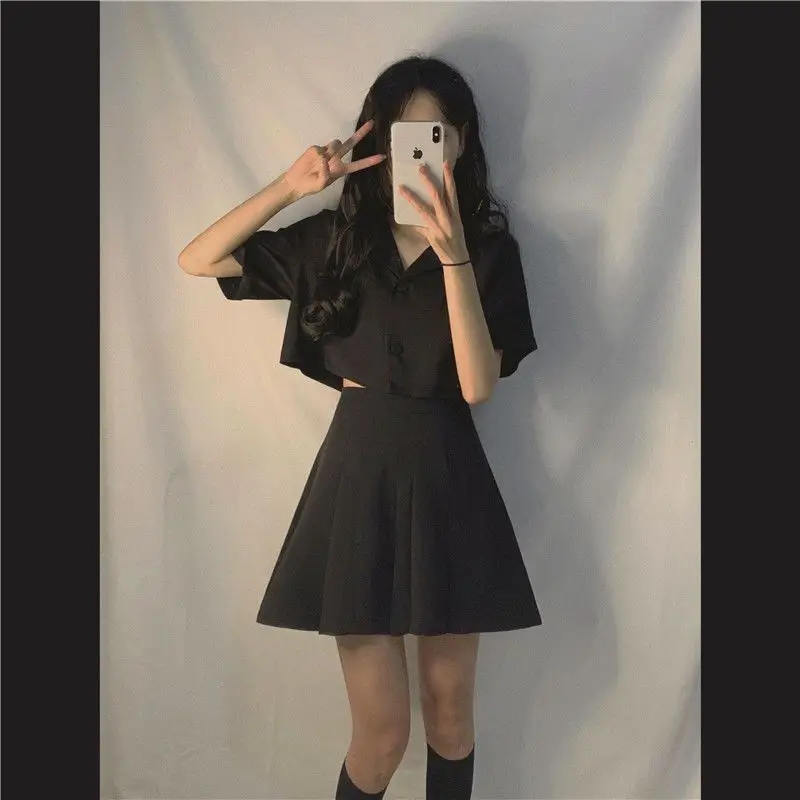 

Harajuku solid suit female clothes summer Korean fashion preppy style black top + high waist slim short skirt two-piece trend