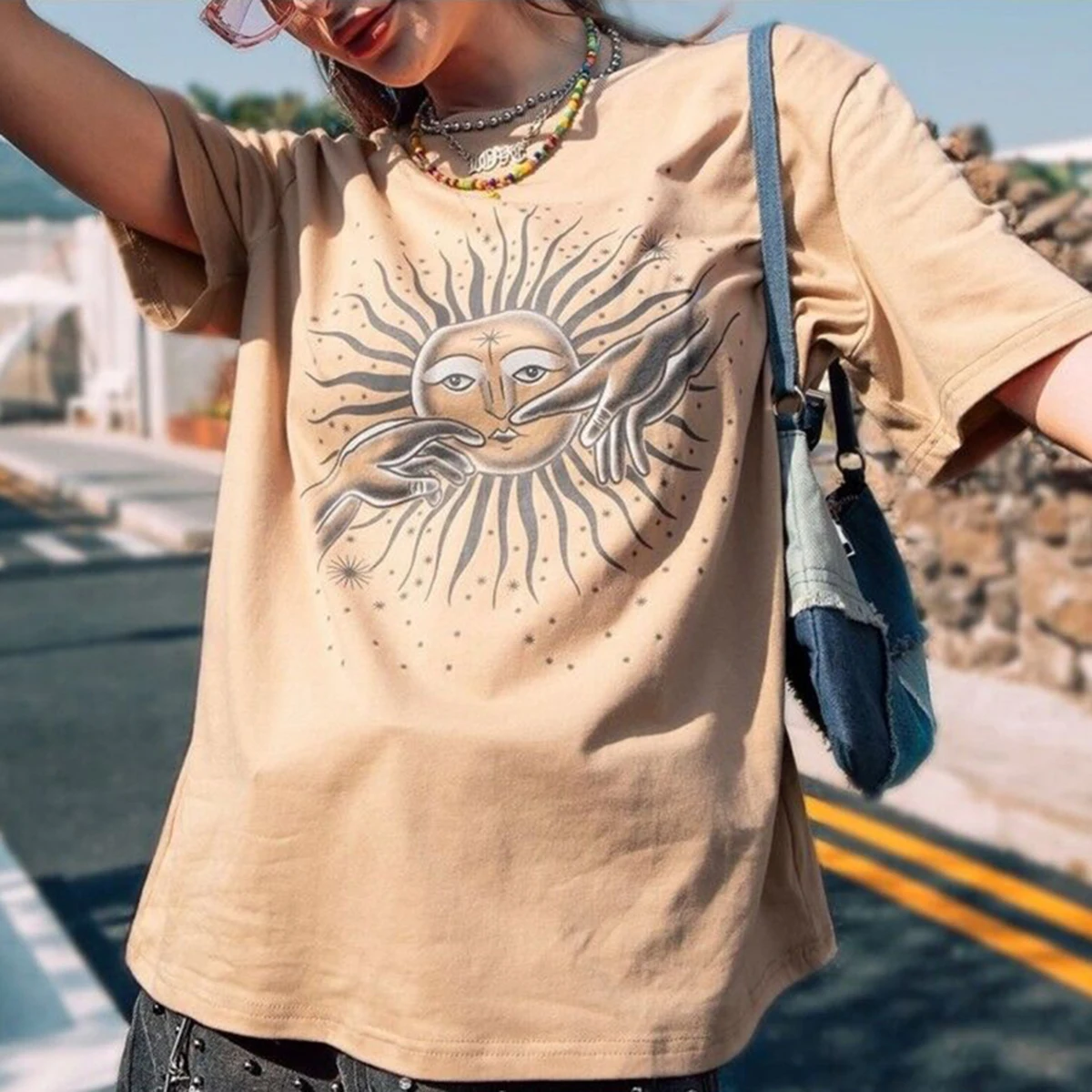 

Vintage Sun Print Tee Shirt Women Summer Harajuku Khaki Round Neck Short Sleeve T Shirt Casual Streetwear Oversize Tops 2021