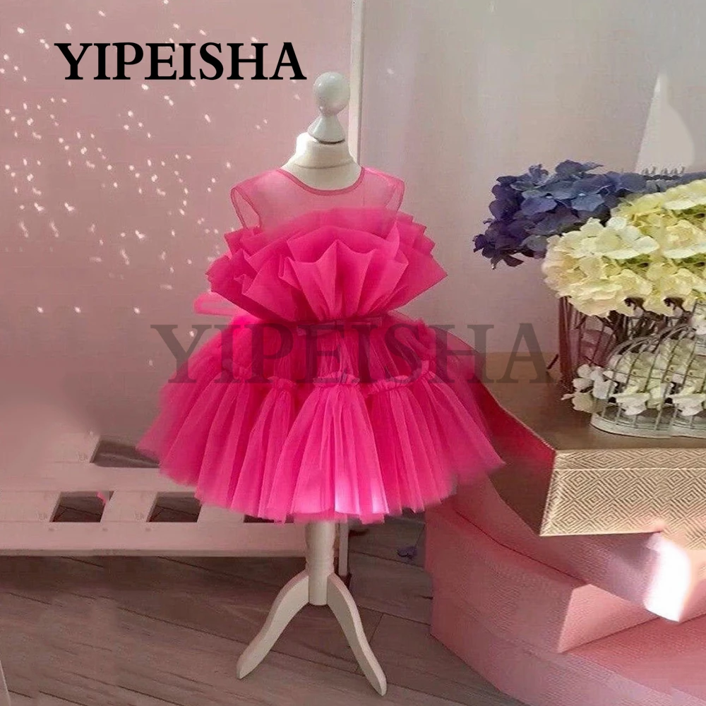 Eenvoudige V-hals Mouwloze Baljurk Tulle Bloem Meisje Jurken A-lijn Roze Kids Bow Dress Платье Для Девочки Vestidos