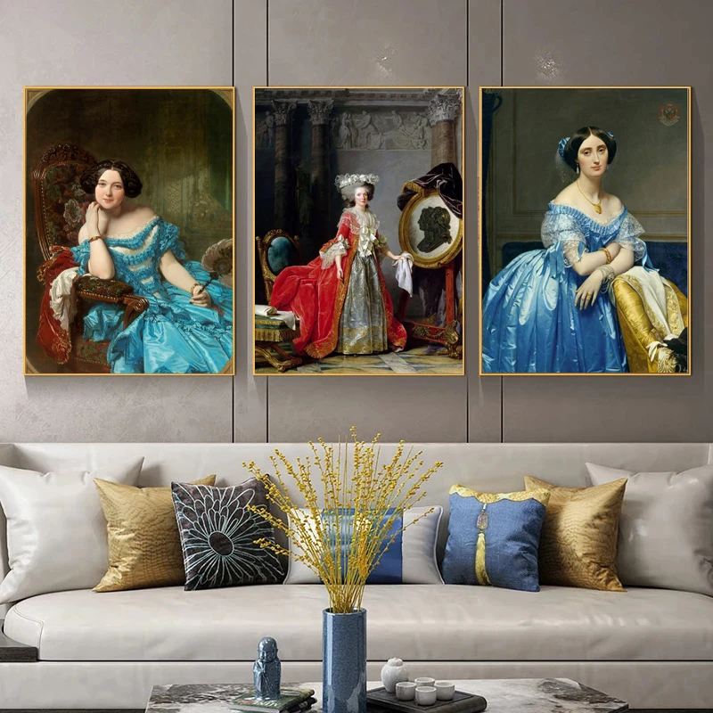 European Style Classical Beautiful Rich Girls Woman Court Lady Posters Canvas Painting for Living Room Wall Art Home Decor