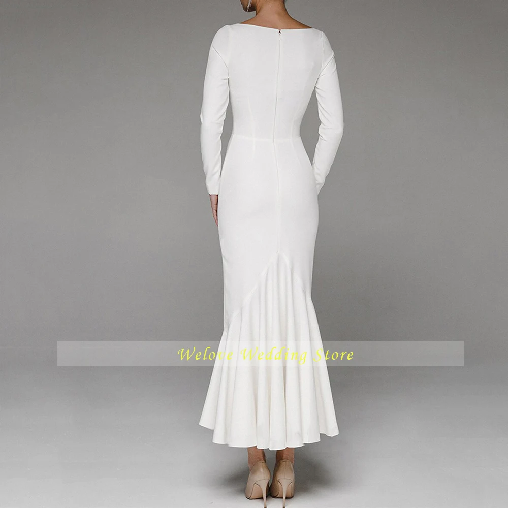 Civil Ankle Length Mermaid Wedding Dress For Bride Long Sleeve Simple White Bridal Gown Square Neck Plus Size Custom Vestidos