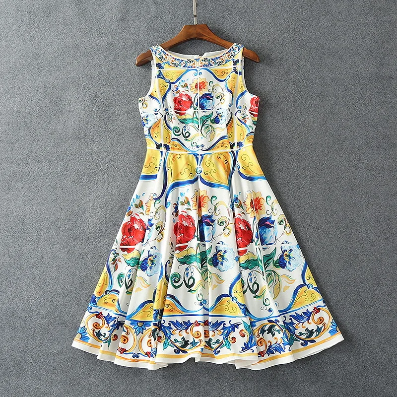 Luxury Designer Women\'s Midi Dress 2025 - Multicolor Floral Print Summer Dress for Beach  Vacation Elegant Sleeveless A-Line