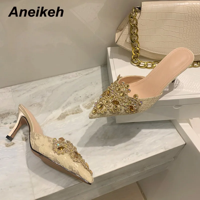 Aneikeh NEW 2024 Summer Fashion Bling Crystal Decoration Pointed Toe Thin High Heel Slipper Lace Elegant Women Party Mules 35-39