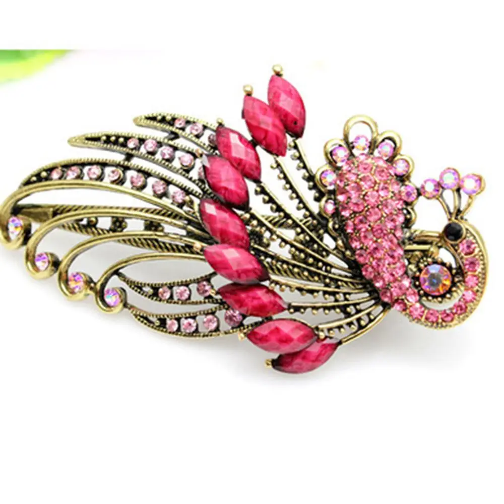Vintage Crystal Peacock Hair Clips Resin Rhinestones Hairpins Barrette Women Headwear Girl Hair Jewelry Accessories Beauty Tools