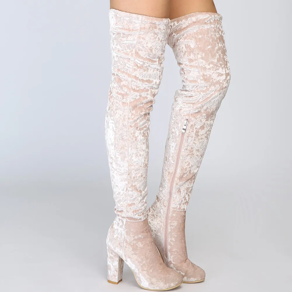 Spring Ladies Light Pink Velvet Thigh Boots Chunky High Heel Women Side Zip Round Toe Over The Knee Boots