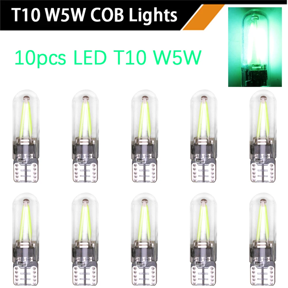 10pcs T10 W5W Car LED Lights Glass COB Filament Interior 194 168 For Car Interior Wedge Clearance Lamp Marker Map Lamp 12V Diode