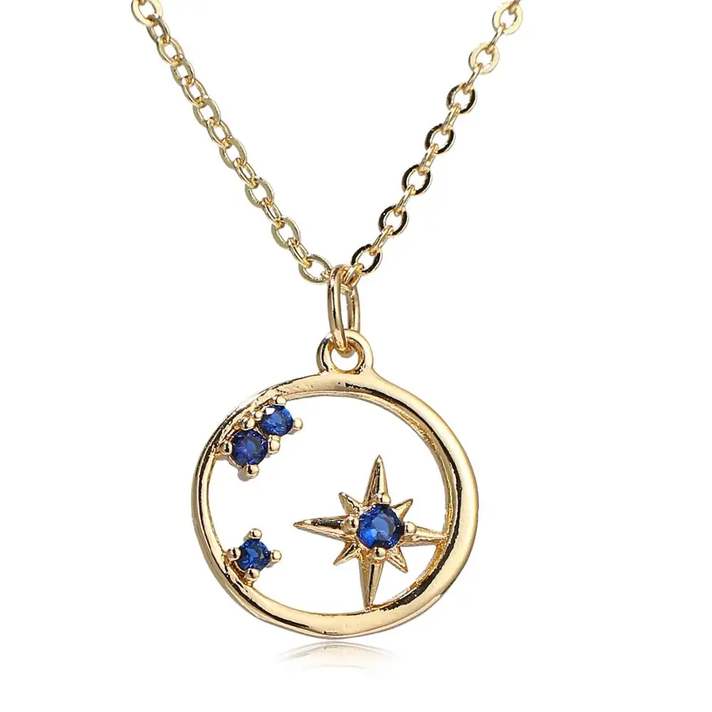 

Lovely Fashion Micro Zircon Inlaid Pink/Blue Stars Accompanied By Moon Necklace Copper Frame Chain Jewelry For Women 15*17mm