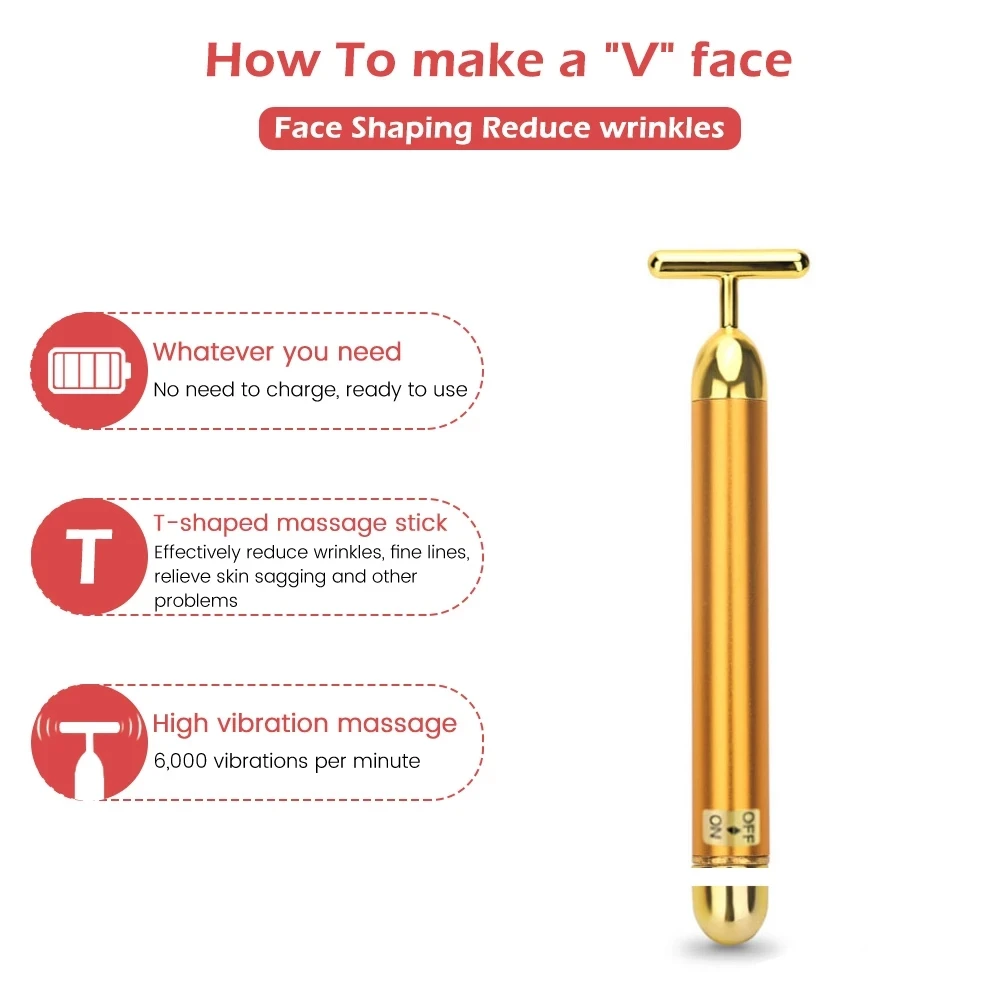 24k altın enerji güzellik çubuğu titreşimli yüz silindir masaj t-şekil yüz germe cilt sıkılaştırma anti-kırışıklık masaj silindiri
