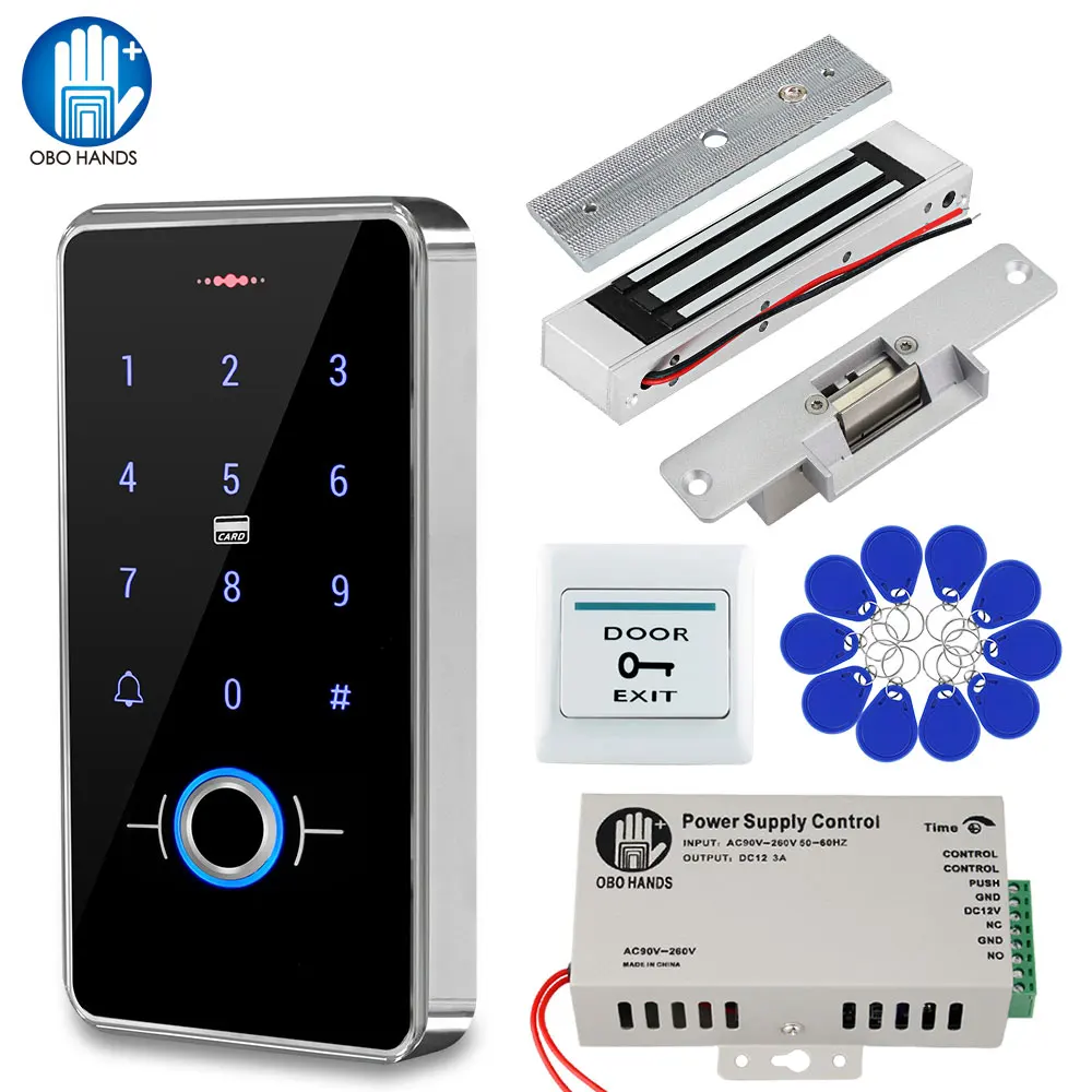 Outdoor Fingerprint Access Control System Biometrics IP68 Waterproof RFID Keypad + 180KG Electric Magnetic Strike Lock 13.56MHz