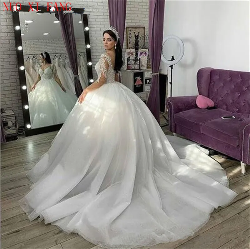 NUOXIFANG Tulle Africano Sheer Manica Lunga abito di Sfera Abito Da Sposa Dess Principessa vestido de noiva Plus Size abito da sposa Da Sposa abiti