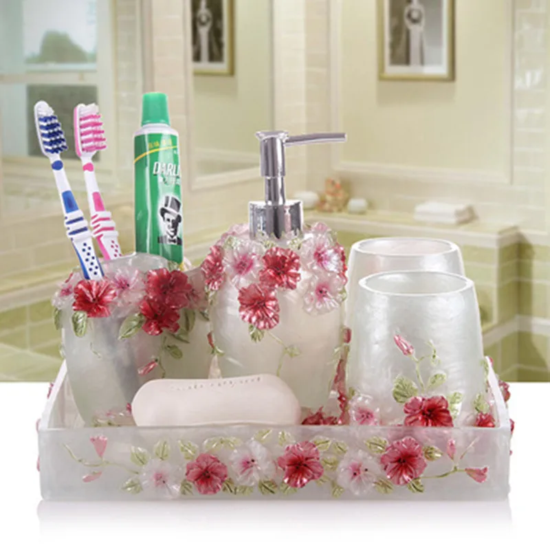 Bathroom Accessories Set-Cleaning Brush Set-Resin Toothbrush Holder-Romantic Bathroom Kit-Wedding Gift-Bathroom Tray Set