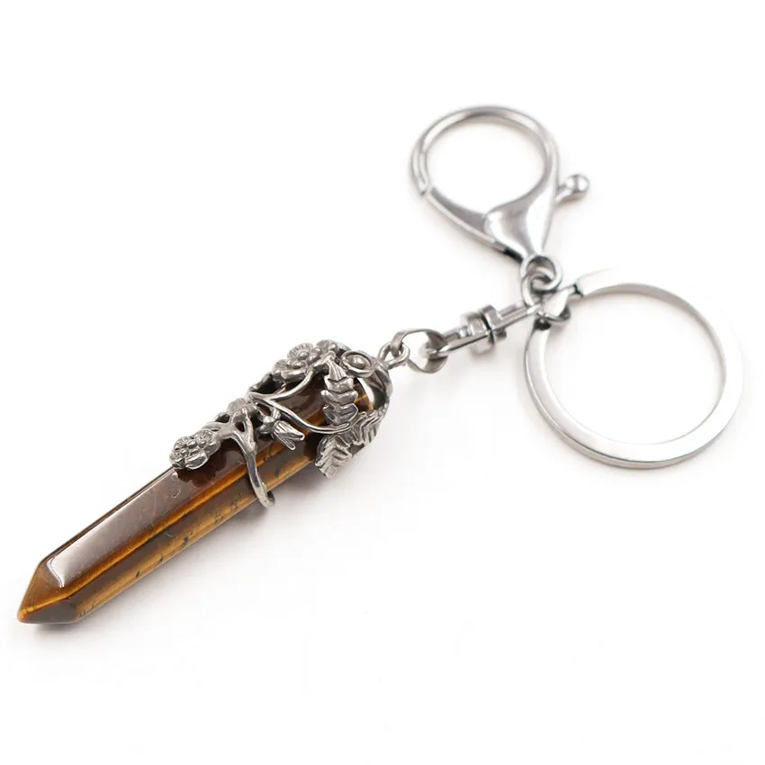 

FYJS Unique Silver Plated Circle Lobster Clasp Flower Wrap Natural Tiger Eye Stone Hexagon Column Key Chain