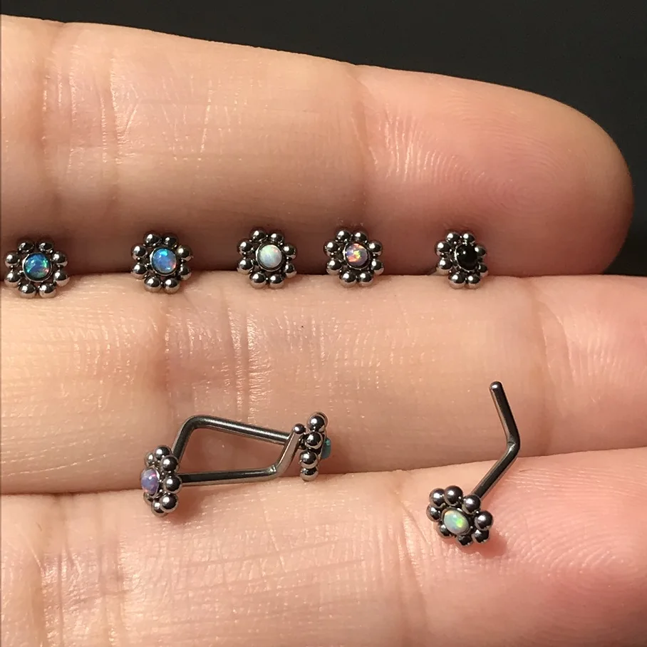 1Pc Opal Nose Piercing Ring 3 Shape L Shape Bone Twist Stainless Steel 0.8mm 20G Flower Nose Studs Piercing Body Jewelry