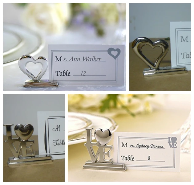 

100Pcs Silver Wedding LOVE Place Card Holders with Matching Card For Guest Seat Name Card holder and Love Heart Party Favors