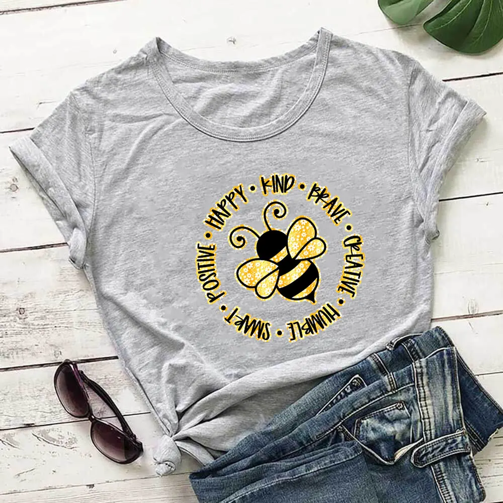 Bee Happy Kind 100%Cotton Print Women Tshirt Bees Shirt Unisex Funny Summer Casual Short Sleeve Top Inspiration Shirt Faith Tee