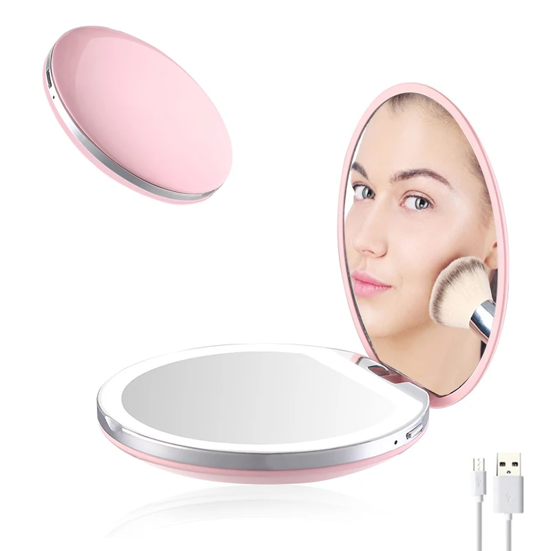 

Portable 3X Magnifying Makeup Mirror Lighted Foldable Mini Round LED Makeup Mirrors Sensing USB Chargeable Cosmetic Mirror