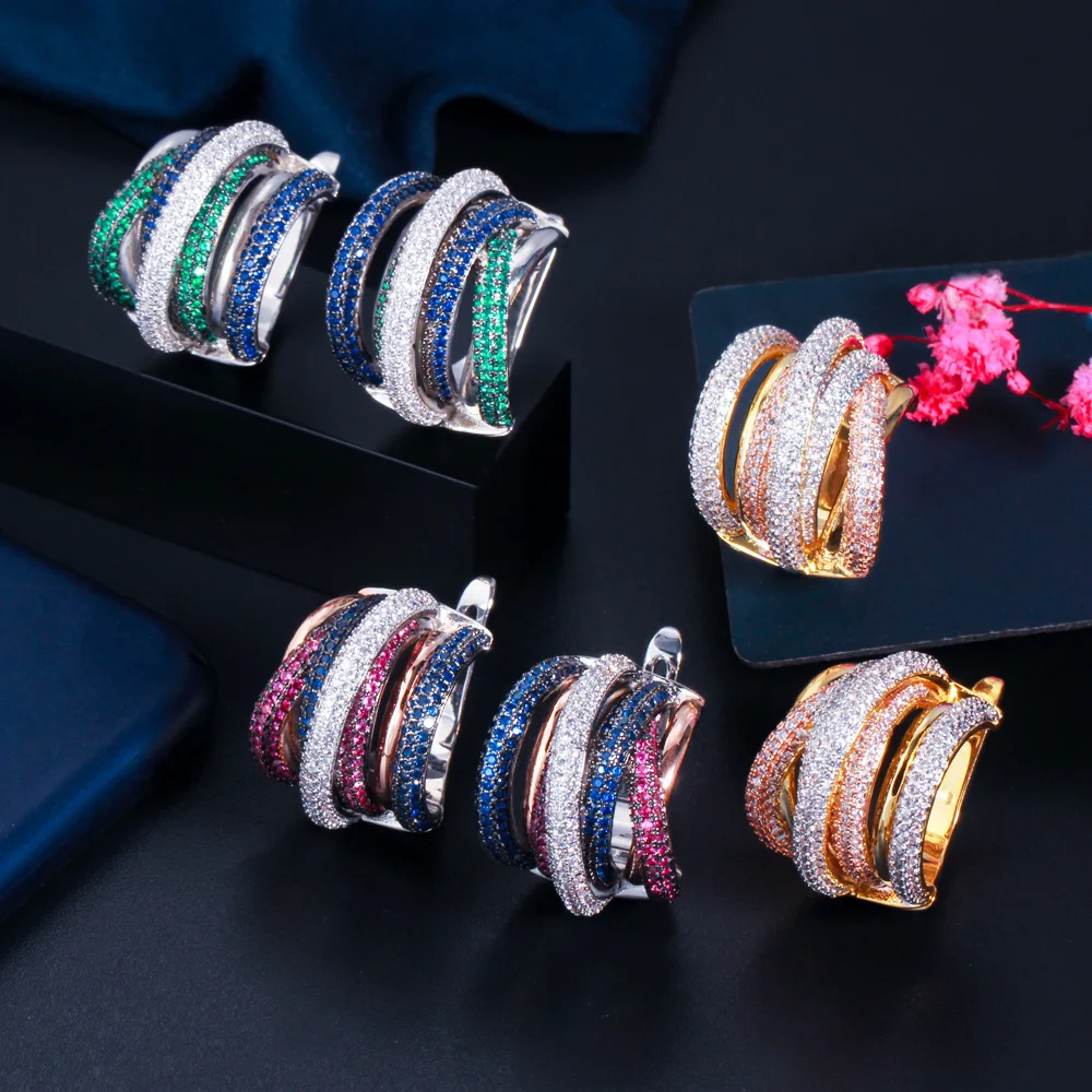

CWWZircons Luxury Twist Lines Micro Cubic Zirconia European Women Wedding Big Hoop Earrings Dubai Gold Plated Jewelry CZ878