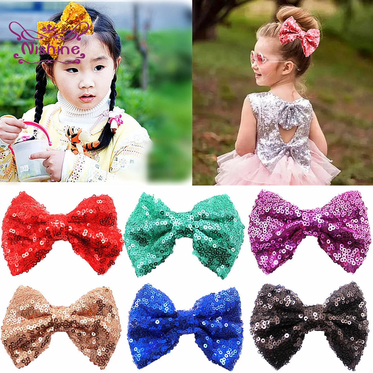 Nishine 10*8 CM Solid Color Sequins Bowknot Baby Girls Duckbill Clips DIY Handmade Bows Children Stage Headwear Princess Hairpin