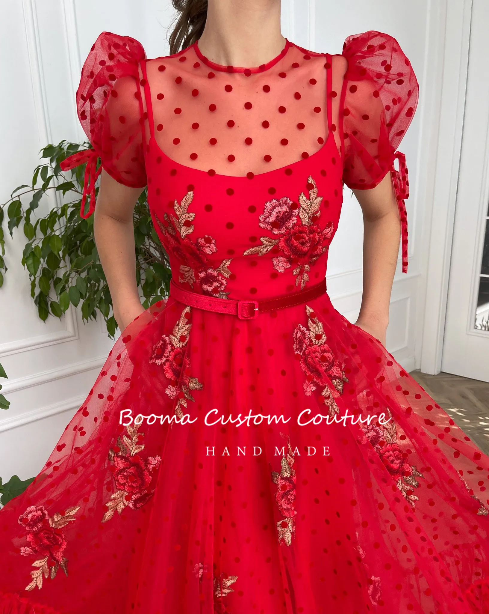 Booma Red Polka Dots Tulle Prom Dresses 2022 Short Sleeves Appliques Midi Formal Party Dresses Tea-Length A-Line Evening Gowns