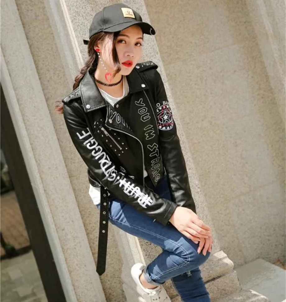 Spring Punk PU leather jacket female fashion brand Slim street style printed motorcycle clothing leather jacket wj964 wholesale