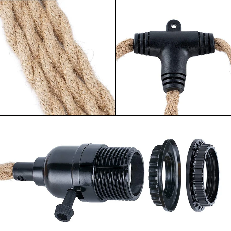 Industrial Vintage Loft Style Hemp Cord Covered Power Cord With EU Plug Switch E27 Bulb Lamp Holder Cord Sets 3 Heads Chandelier