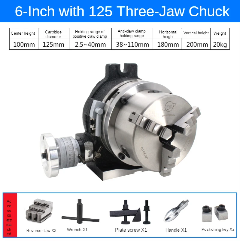 

6 Inch Universal Indexing Plate Rotary Table 125 Three-jaw Chuck Milling Machine Indexing Head Vertical and Horizontal Indexer