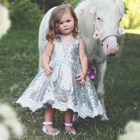 Silver Glitter Sequins Baby Girl Birthday Party Dress Infant Cloth Flower Girl Dress for Wedding with Bow