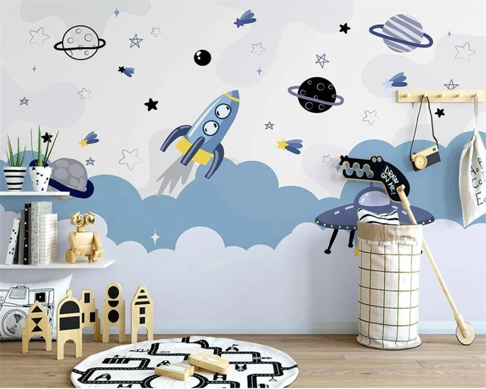 beibehang Customize new Nordic hand-painted cartoon spaceship cartoon children's room wallpaper wall papers home decor