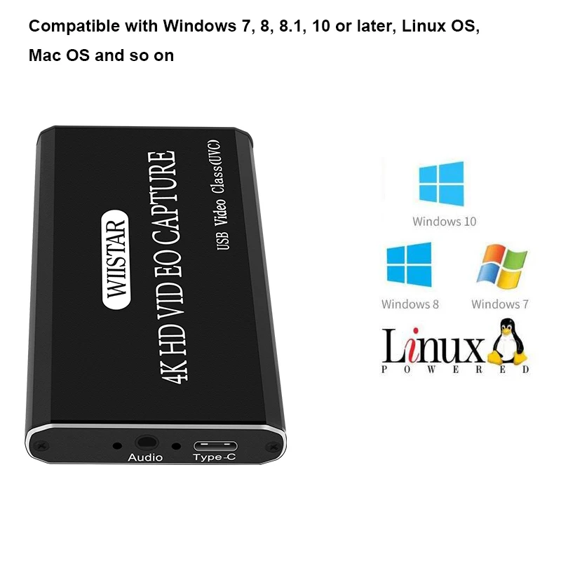 Video Capture Card Grabber HDMI to Type-C/USB C/USB 2.0 1080P 30fps Game Adapter with HDMI Loop Output for Windows Linux OS