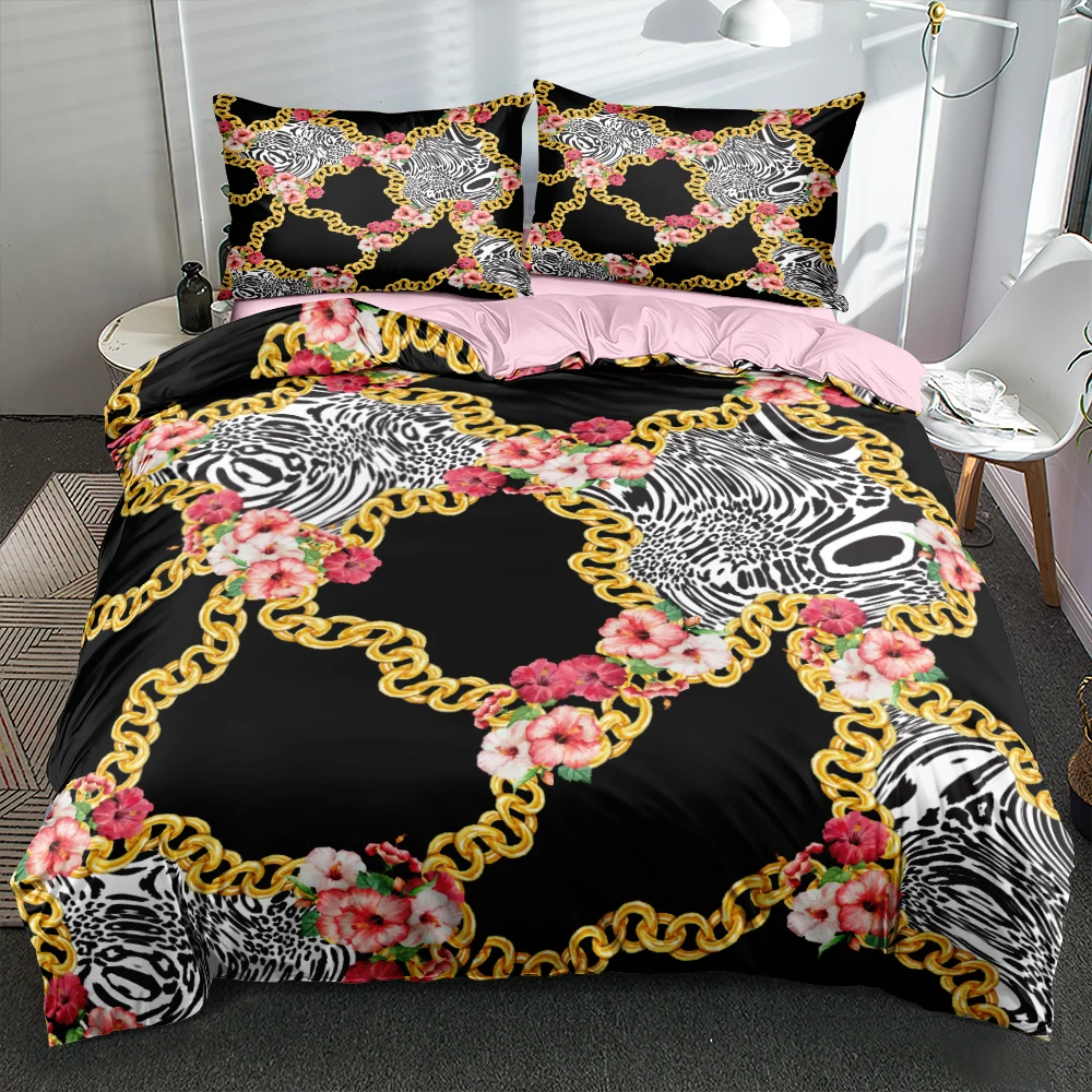 Luxury Golden Lock Duvet Cover Set Pink Roses Comforter/Quilt Cover Set Twin Full Queen King Size 203x230cm Bed Linen Bedrooms 