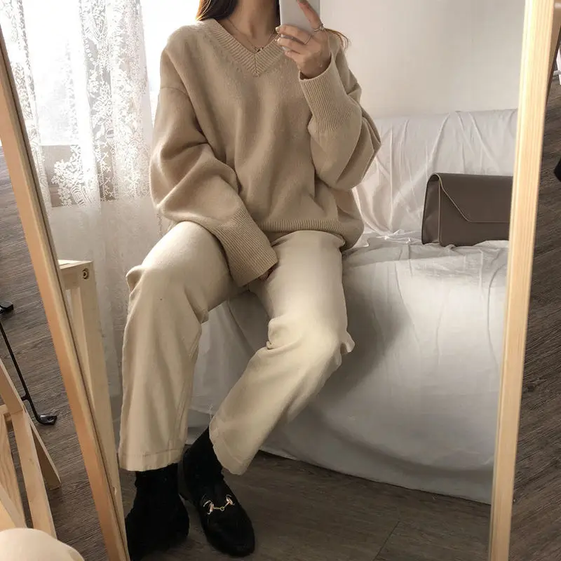 Sweater Pullovers Women Spring New Chic Solid V-neck All-match Loose Simple Female Fashion Vintage Elegant Clothing Leisure Soft