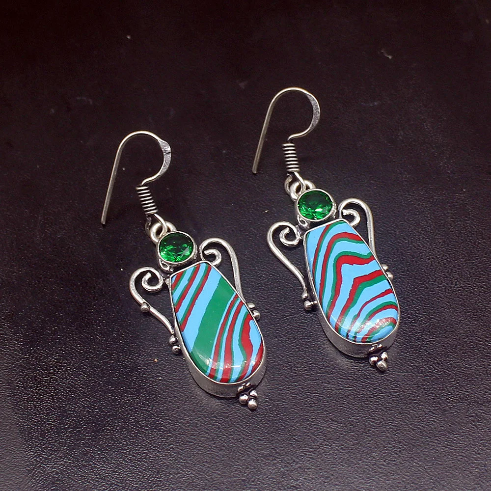 Gemstonefactory Big Promotion Unique 925 Silver Stripe Jasper Green Topaz Women Ladies Gifts Dangle Drop Earrings 20211871