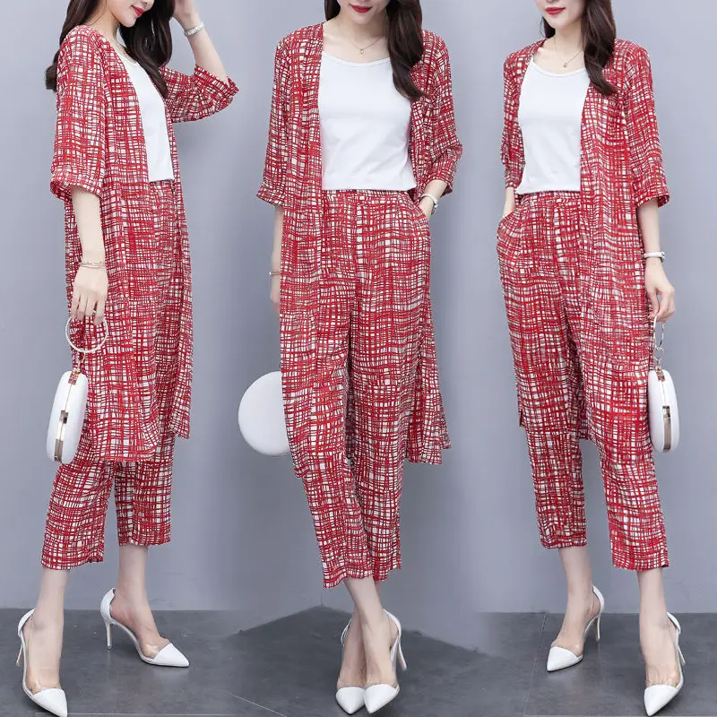 2024 Summer New \\Women Korean Fashion 3 Pcs Set White Base Top /cardigan Shirt + Nine-point Pants Three-piece Suits M-4XL Y668