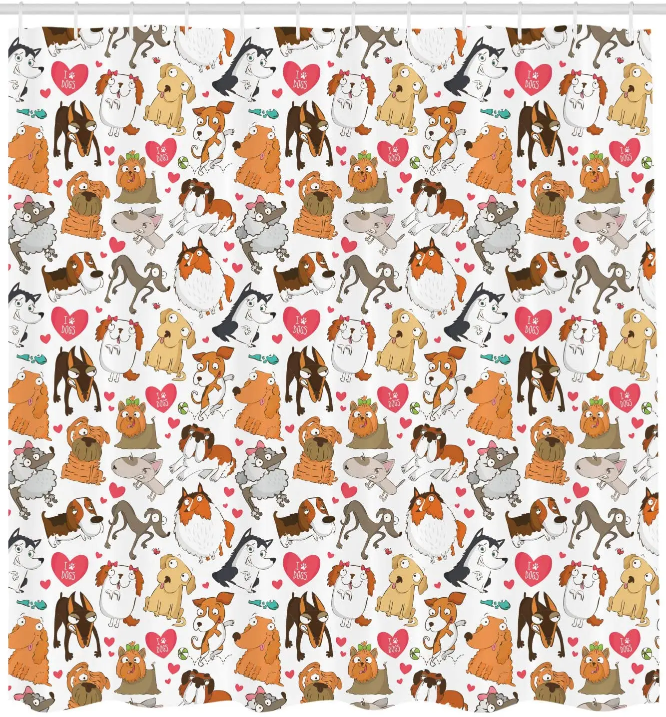 Multicolor Dog Lover Shower Curtain Cartoon Canines Bullterrier Doberman Husky Spaniel Love Theme Funny Characters