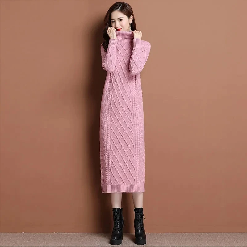 Female High Neck Long Sweater Women Thickened Autumn Winter 2024 New Loose Outer Wear Twist Base Dress Femme Knit Dress Elegant