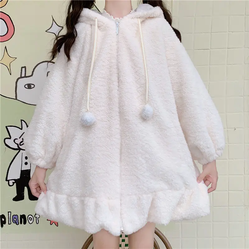 Long Sleeve Rabbit Oversize Tops Sweatshirt Jacket Coat Outerwear Fall Winter Women Kawaii Bunny Ear Fuzzy Fluffy Hooded Hoodie