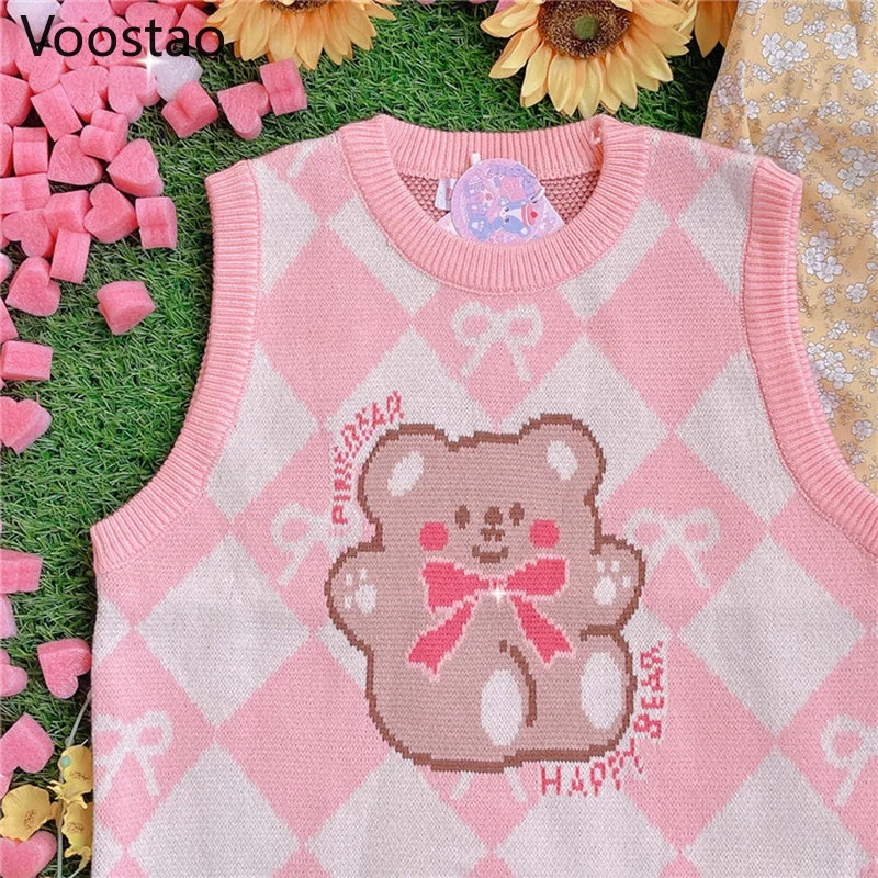 Japanese Cute Lolita Bow Baby Bear Jacquard Knitted Pullovers Spring Autumn Women Loose JK Sweater Vest Girly Sweet Waistcoat