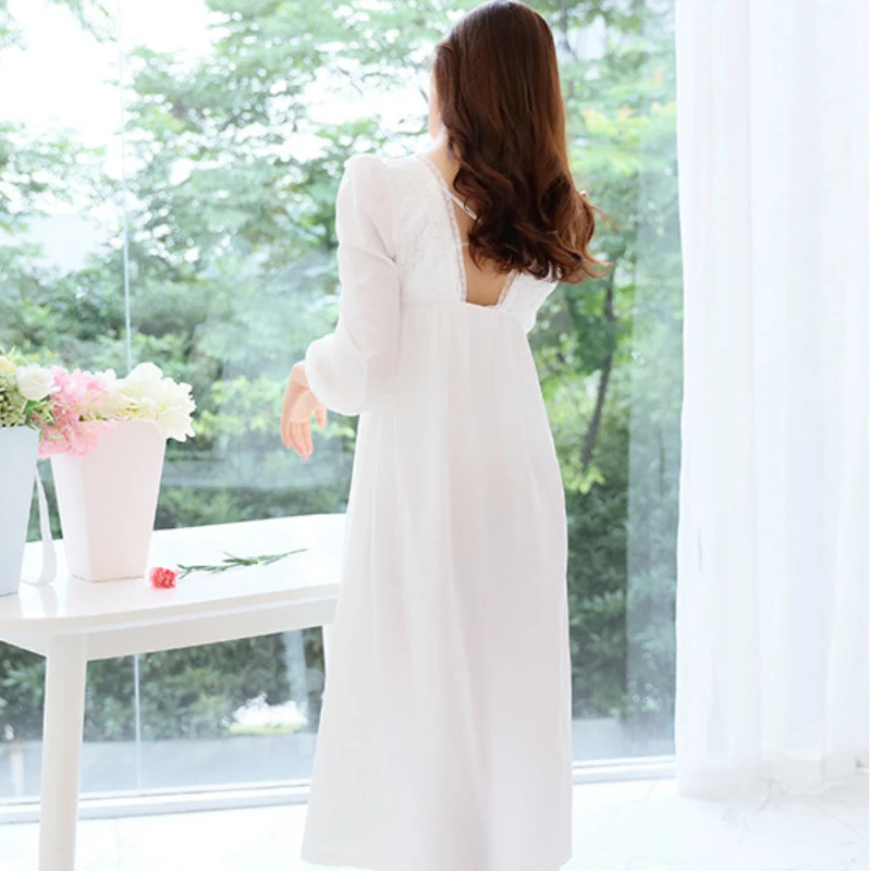 Women Vintage Nightgowns Cotton Sleepwear Sexy V Neck Victorian White Long Night Dress Romantic Nighty Lace Peignoir Nightwear