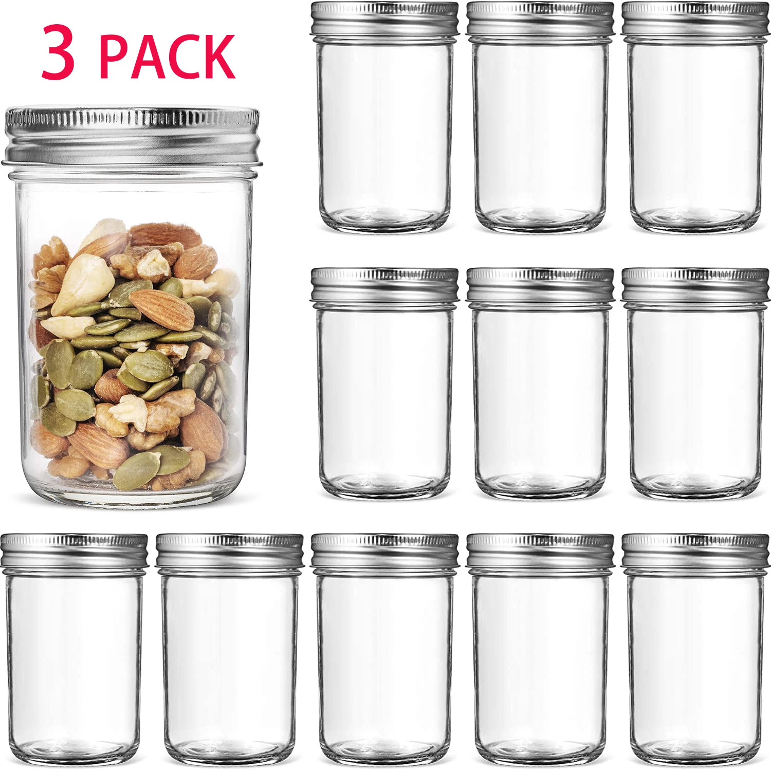 380ML Glass Regular Mouth Mason Jars with Metal Lids for Canning Food Storage Prep Jams Jellies Pickles Preserves (3 PCS)