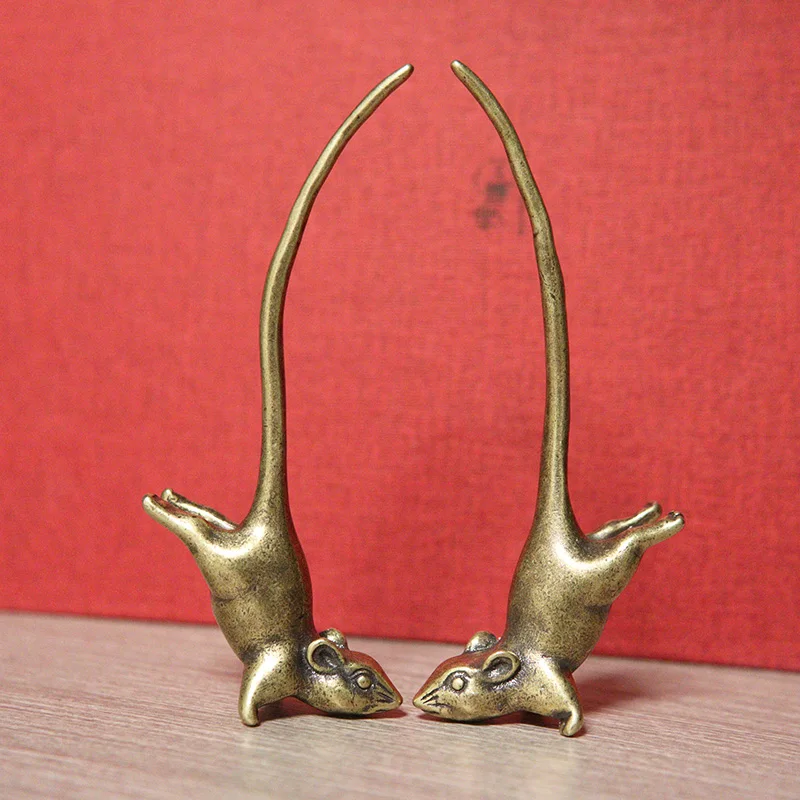 Vintage Brass Long Tail Zodiac Mouse Statue Desktop Ornaments Cute Rat Miniatures Figurines Paperweight Decoration Mice Tea Pets