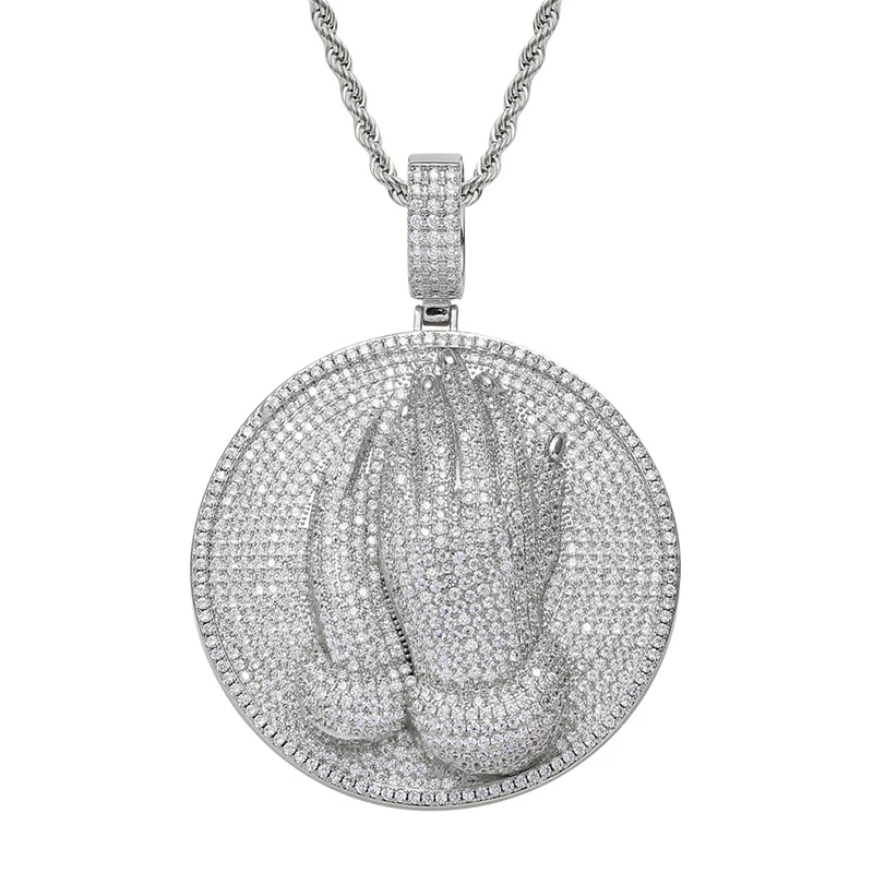 

Hip Hop Full CZ Stone Paved Bling Ice Out Praying Hand Round Pendants Necklace for Men Rapper Jewelry Drop Shipping