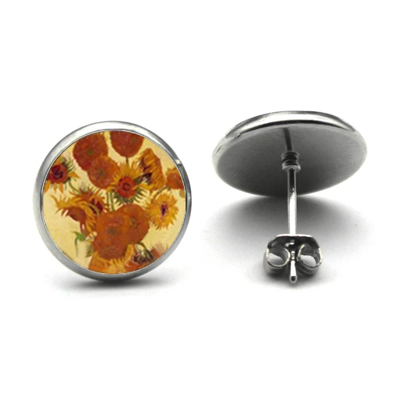 Van Gogh Almond Stud Earrings Branch in Bloom Art Earring Bridal Jewelry Van Gogh\'s Painting Glass Cabochon art Earring
