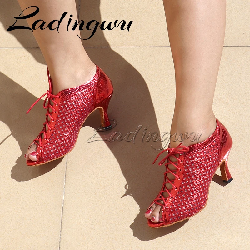 Ladingwu Brand Latin Dance Shoes Modern Women Ballroom Tango Girls Ladies Snake pattern PU and Glitter Sneaker Dance Shoes 5-9cm