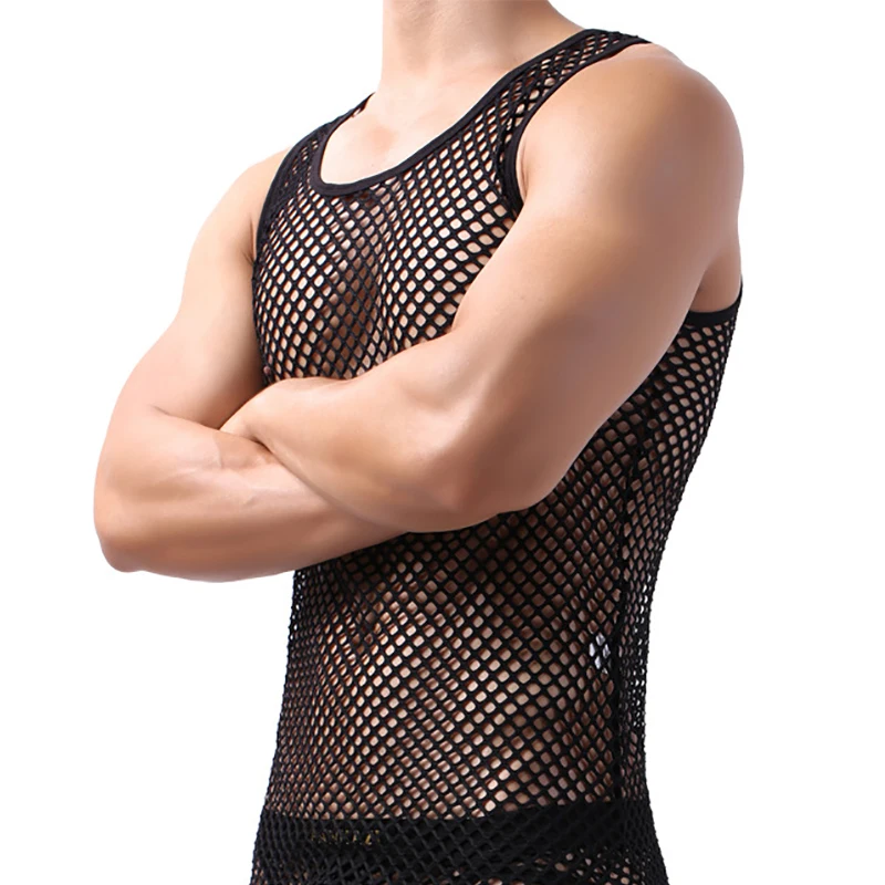 Sexy Mens Underwear Set Tshirts Briefs Mesh Fishnet Transparent Tank Sport Fitness Casual Sleeveless Sleepwear Tops Tee Camiseta