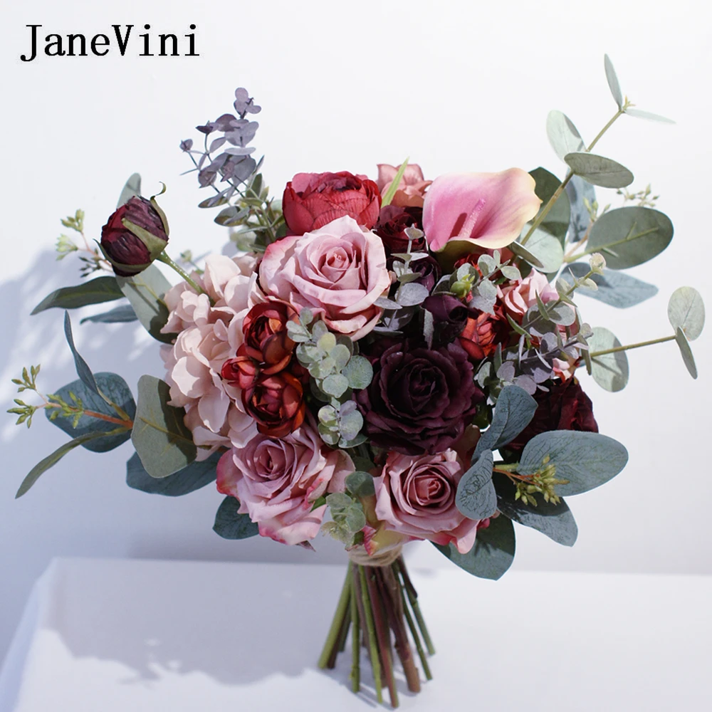 

JaneVini Vintage Pink Burgundy Flowers Wedding Bouquets Handmade Silk Calla Lily Roses Hydrangea Fake Bouquet Bridal Accessories