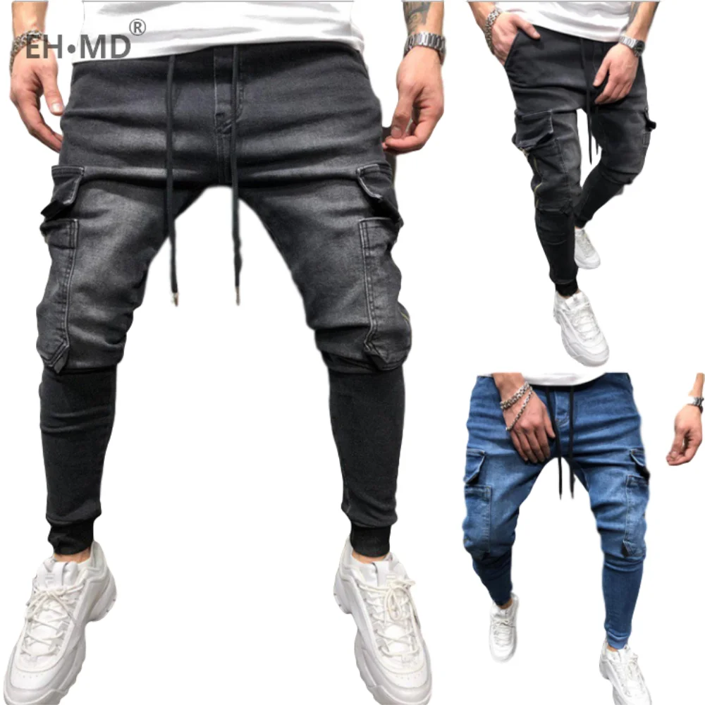 EH · MD® Zip Pocket Jeans Men's Feet Casual Trousers Soft Fabric Skinny Solid Color Fashion Slim 2020 Trendy Brand Black Blue